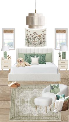 a bedroom with white furniture and green accents, including a dog laying on the bed