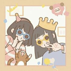 two girls with masks on their faces and one is wearing a tiara while the other holds her hand up to her face