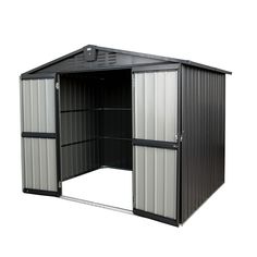 a metal shed with the door open on a white background and no one in it