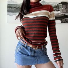 90s vintage striped turtleneck indie retro embroidered long sleeve sweater top adorable sweater from the mid 90s. in excellent preloved condition, love the embroidered details! warm tones, cabincore aesthetic vibes! will beauty fit a size small to medium depending on the desired fit and style pit to pit 23" total length25" Red and brown striped turtleneck sweater - so cute and comfy! Cabincore Aesthetic, Striped Turtleneck Sweater, Boho Whimsical, Mid 90s, Vintage Pullover, Sleeves Sweater, Aesthetic Vibes, Striped Turtleneck, Embroidered Details