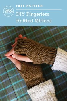 two hands in knitted mittens with text overlay reading diy fingerless knitted mittens