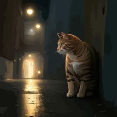 a cat sitting in the middle of a street at night