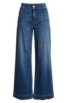 Make a casual-chic statement in these faded jeans featuring wide legs and low-stretch denim. 30 1/2" inseam; 22" leg opening; 11" front rise: 14 1/2" back rise (size 2) 93% cotton, 6% polyester, 1% spandex Machine wash, tumble dry Imported Best Wide Leg Jeans For Women, 2024 Pants Trend, Petite Wide Leg Jeans, Wide Leg High Waist Jeans Outfit, What To Wear With Wide Leg Jeans, Women’s Jeans, High Rise Wide Leg Jeans Outfit, High Waisted Wide Leg Jeans Outfit, Wide Leg Jean Outfits