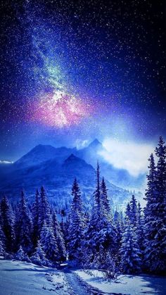 the night sky is filled with stars and snow covered trees in front of a mountain