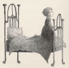 a drawing of a person laying in bed next to an iron headboard and foot board