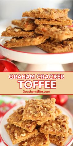 graham cracker toffe on a white plate with text overlay that reads graham cracker toffe