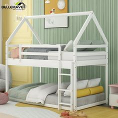 a white bunk bed sitting in a bedroom next to a wall with green striped walls