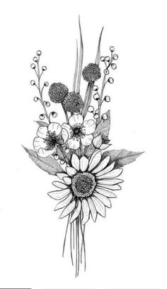 a black and white drawing of flowers