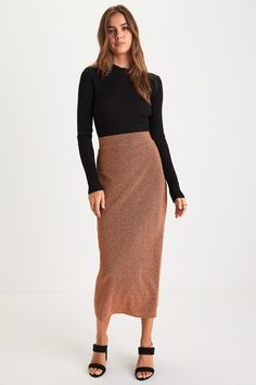 Sparkly Moment Rust Lurex High-Rise Midi Skirt Skirts Collection, Sparkly Skirt, Lulu Fashion, Knit Midi Skirt, Trendy Fall Outfits, Midi Skirts, Bottom Clothes, Newest Trends, Threading