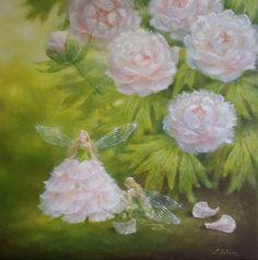 a painting of pink flowers and a fairy