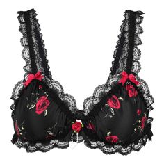 PRICES MAY VARY. Comfortable to wear - Made from a delicate satin fabric with elasticated shoulder straps, this sexy bralette will feel super smooth against your skin and is very comfortable to wear. Dainty Details - Nestled in the cleavage is a trio of gorgeous satin roses and string of faux pearls. Complimenting this, is a cute bow on each shoulder strap. Ruffled Trim - The underbust and elasticated straps are finished with a beautiful frilly lace. Versatile Underwear - This gorgeous underwear Triangle Bra Pattern, Feminine Lingerie, Black And Red Roses, Lacey Bra, Cheap Lingerie, Satin Bralette, Lingerie Party, Bra Pattern, Cute Bras