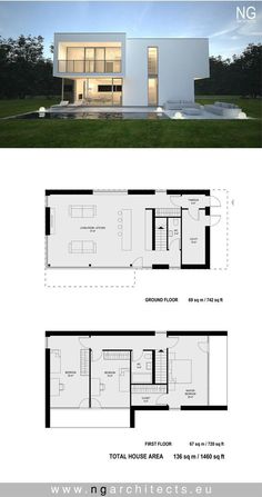 the floor plan for a modern house with two levels, and three rooms on each level