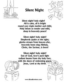 the poem silent night is written in black and white, with an image of two children reading