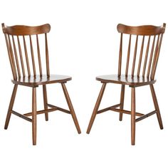 two wooden chairs sitting next to each other