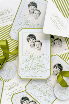 christmas cards with green ribbons and bows on the bottom one has an image of two children