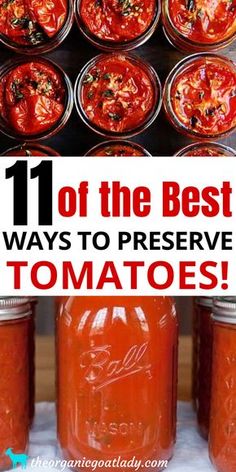 jars filled with tomato sauce and the words 11 of the best ways to preserve tomatoes