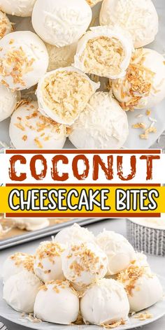 coconut cheesecake bites on a white plate with the title in red and yellow above it