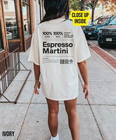 Know someone who loves coffee, espresso, and alcohol a little too much? Whether it's your boyfriend, girlfriend, or best friend, this espresso martini tee is the perfect gift. This heavy weight tee shirt is super cozy for the fall and winter season and also sports a vintage feel. Our heavy blend shirts are made from 100% ring spun cotton and are double stitched on all seams as well as pre-shrunk for superior product durability. This shirt has a relaxed fit. For an oversized look or dress look, p Espresso Martini Aesthetic Outfit, Coffee Shop Tshirt, Martini Expresso, Cocktail Tshirt, Alcohol Shirts, Vintage Feeling, Best Shirt, Coffee Espresso, Coffee Shirt