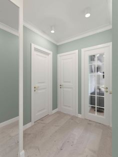 an empty room with white doors and light green walls