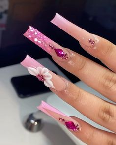 Pink Bling Nails, Nail Art Inspo, Quinceanera Nails