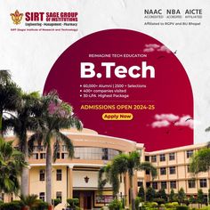 an advertisement for the b tech program in front of a building with palm trees and red sky