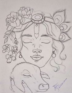 a drawing of a woman with flowers on her head and a dog in her lap