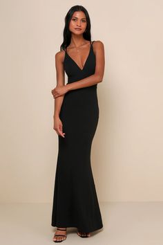 Who could possibly resist you in the Lulus All this Allure Black Strappy Backless Mermaid Maxi Dress? Medium-weight, stretchy crepe knit creates this absolute knockout of a dress and its princess-seamed bodice, V-neckline, and sexy open back with a network of crisscrossing straps. Figure-skimming skirt flares out at the maxi hem to create a dramatic mermaid silhouette. Hidden back zipper/clasp. Formal Sleeveless Evening Dress In Elastane, Sleeveless Elastane Evening Dress For Prom, Evening Maxi Dress With Fitted Bodice And Fishtail, Elastane Maxi Evening Dress For Prom, Elastane Maxi Dress With Fitted Bodice For Evening, Fitted Floor-length Elastane Evening Dress, Fitted Elastane Floor-length Evening Dress, Evening Backless Elastane Bodycon Dress, Mermaid Hem Evening Dress With Back Opening