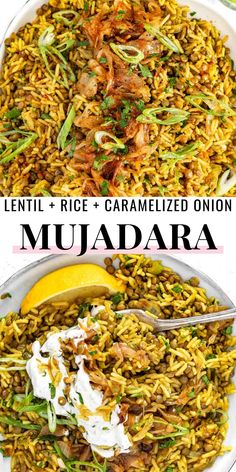 two plates filled with rice and vegetables next to lemon wedges on a plate that says muadara