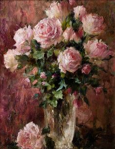 a painting of pink roses in a vase