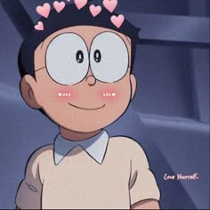 an animated image of a boy with hearts on his head