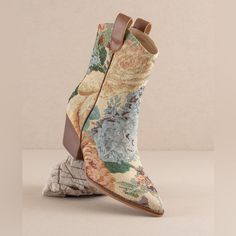 Vintage Floral Jacquard Tapestry Western Boots - Oasis Society Introducing The Kaiya: Western With A Modern Edge, These Cowboy Boots Showcases A Unique Vintage Floral Tapestry Pattern Complemented By Unmistakable Stitching, Pull Tabs, And A Pointed Toe. - True To Size - Pointed Toe - Back Zipper Shaft Height: 5.5" Heel Height: 3" Types Of Closures: Back Zipper, Slip Shaft Circumference: 10.75" Disclaimer: Due To The Unique Nature Of This Fabric, Patterns And Colors May Vary Slightly From The Ima Oasis Shoes, Tapestry Pattern, Unique Nature, Floral Tapestry, Floral Jacquard, Vintage Shoes, Western Boots, Fabric Patterns, Unique Vintage