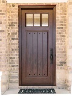 Introducing our Craftsman Planked Design with Clavos 3 Lite Solid Single Door - a true masterpiece of craftsmanship. This stunning door features exquisite planked panels and a solid construction, ensuring both durability and timeless beauty. With its unique design and attention to detail, this door is a perfect addition to any home. Experience the elegance and charm of a craftsman-style door that will leave a lasting impression. Included with Your Masterpiece Door: Pre-Hung Door Unit Emtek Ball Herringbone Barn Door, Interior Glass Door, Wood Front Entry Doors, Craftsman Style Doors, Front Entry Door, Front Door Lighting, Glass Door Design