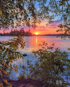 the sun is setting over a lake with trees in front of it and water below