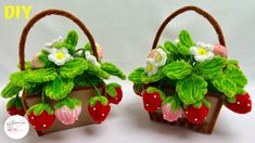 two baskets with strawberries and flowers on them are made to look like purses