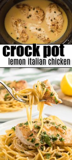 chicken parmesan with lemon sauce in a crock pot is served over spaghetti