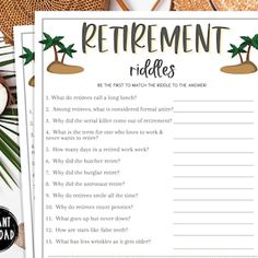 a printable retirement riddle game with palm trees and beach items on top of it