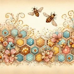 two bees flying over some honeycombs with flowers and swirly designs on them