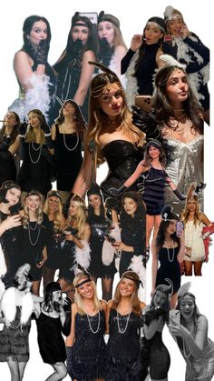 the collage shows many different women dressed in black and white