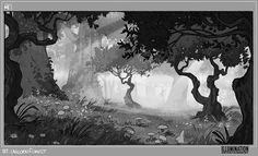 black and white illustration of trees in the woods with mushrooms on them, surrounded by fog