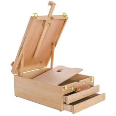 an open wooden box with two drawers