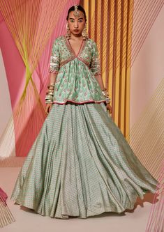 Gopi Vaid-Green Mint Peplum And Victorian Skirt-INDIASPOPUP.COM Peplum Top Outfits Work, Peplum Top Lehenga, Peplum Top With Skirt, Peplum And Skirt, Peplum Lehenga, Gopi Vaid, Victorian Skirt, Long Blouse Designs, Bandhani Print