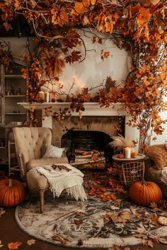 a living room filled with furniture and lots of leaves