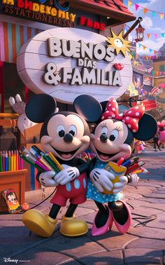 mickey and minnie mouse in front of the sign for buenos de la familia