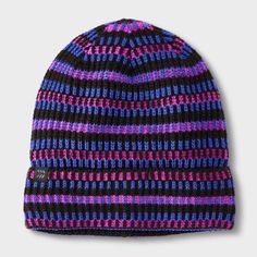 a purple and black striped beanie with pink, blue, and green stripes on it