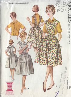 ~ Circa/Date:  1960 ~ Details:    APRON and SHIRT ~ Size/Measurements (Inches):   ~ Size: 12     ~ BUST: 32′    ~ Waist: 25″     ~ Hip: 34″ ~ Please Note: ~ You are buying a 'Professional Reproduced' copy of this sewing pattern. Copied from the original sewing pattern. Produced in Full Scale Pattern Pieces ready to cut with full instructions included. Reproduced on high quality 50 gm paper with black ink, durable and easier for reuse. Printed by a Professional Printing Company.   ~ With this pro Wrap Apron, Vintage Apron Pattern, Candy Striper, Vintage Vogue Sewing Patterns, Retro Sewing Patterns, Shirt Sewing, Pinafore Apron, Apron Sewing Pattern, Sewing Aprons