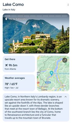 the lake comoo app is shown on an iphone screen, with information about it