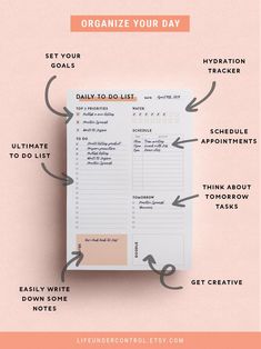 the ultimate guide to organize your day with text overlays and arrows pointing up