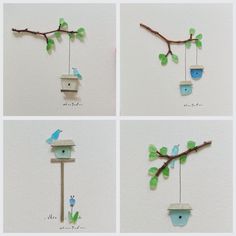 four pictures of bird houses hanging from a tree branch with blue birds on them, and one has a green plant in the middle