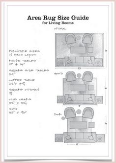 the area rug size guide for living rooms is shown in black and white, with instructions to