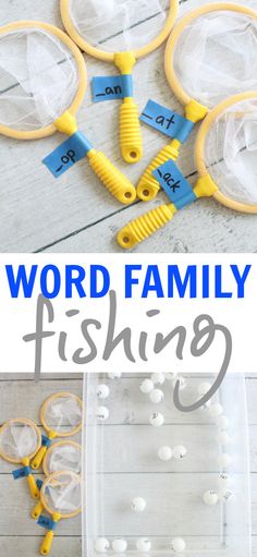 the words word family fishing are displayed in front of some plastic toy fishing rods and net